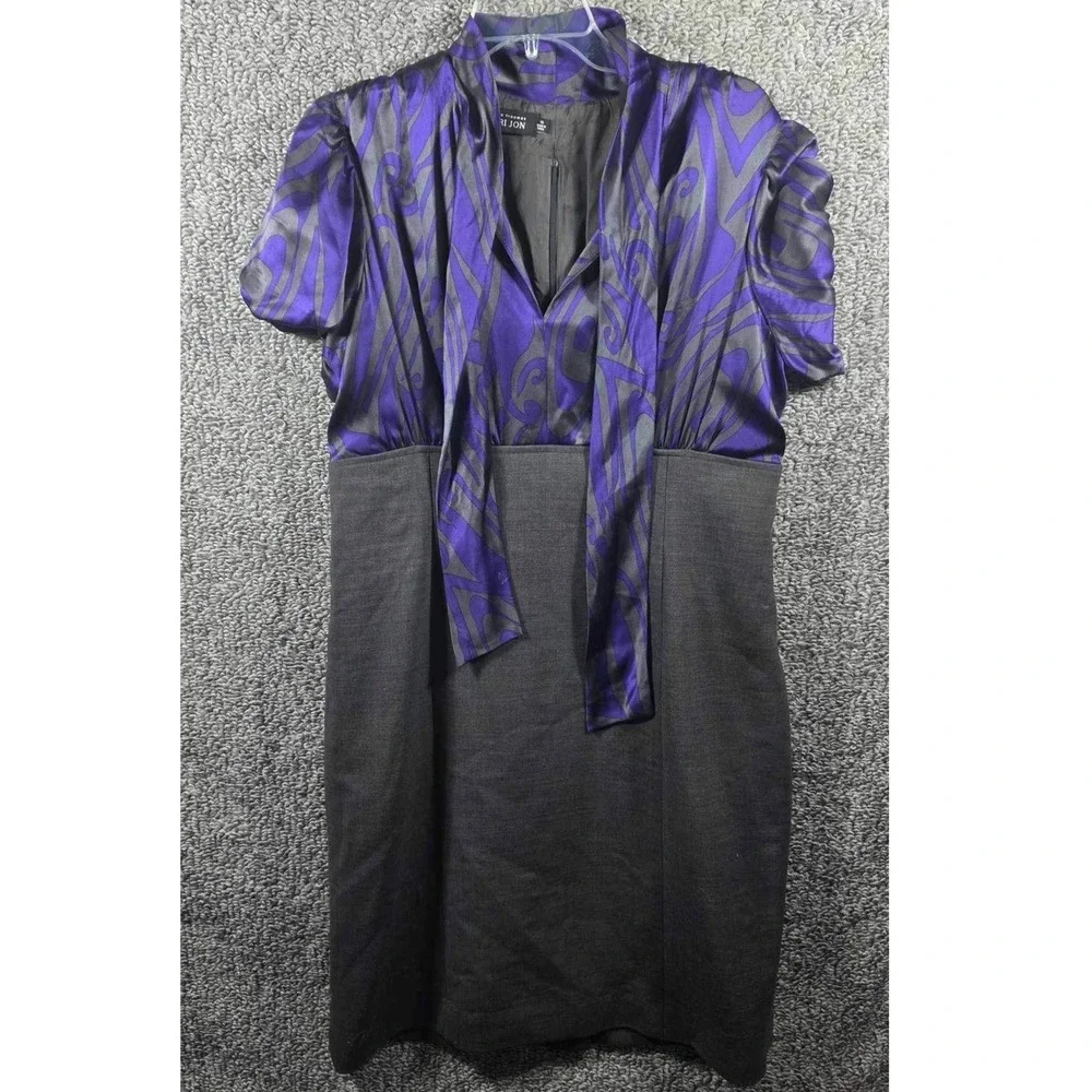 Rickie Freeman Teri Jon Sheath Dress Tie Neck Purple Grey Abstract Womens‎ 16